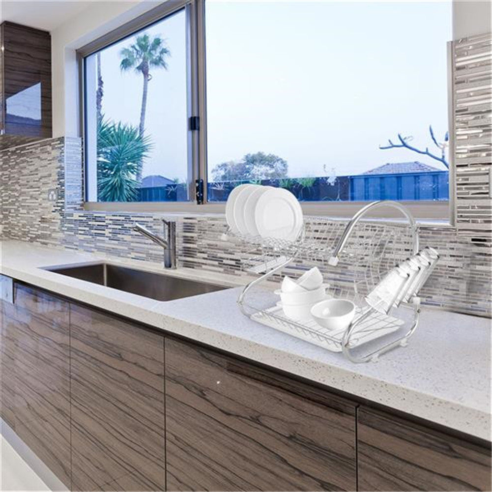 RONSHIN 2-Tier Dish Drying Rack Rust-proof Dish Rack Utensil Holder Silver