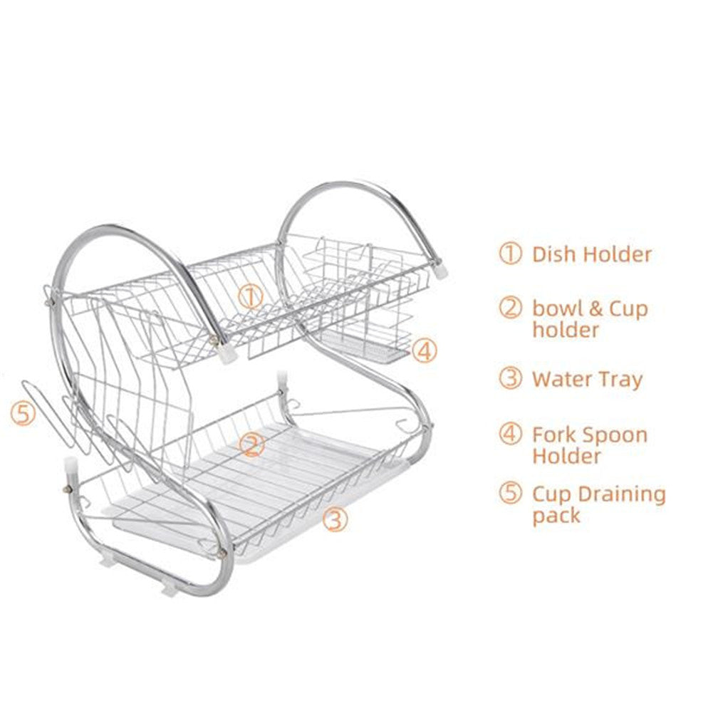 RONSHIN 2-Tier Dish Drying Rack Rust-proof Dish Rack Utensil Holder Silver