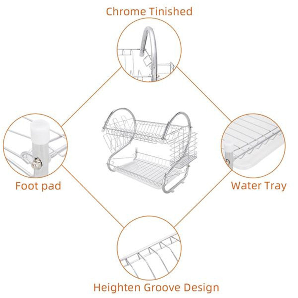 RONSHIN 2-Tier Dish Drying Rack Rust-proof Dish Rack Utensil Holder Silver