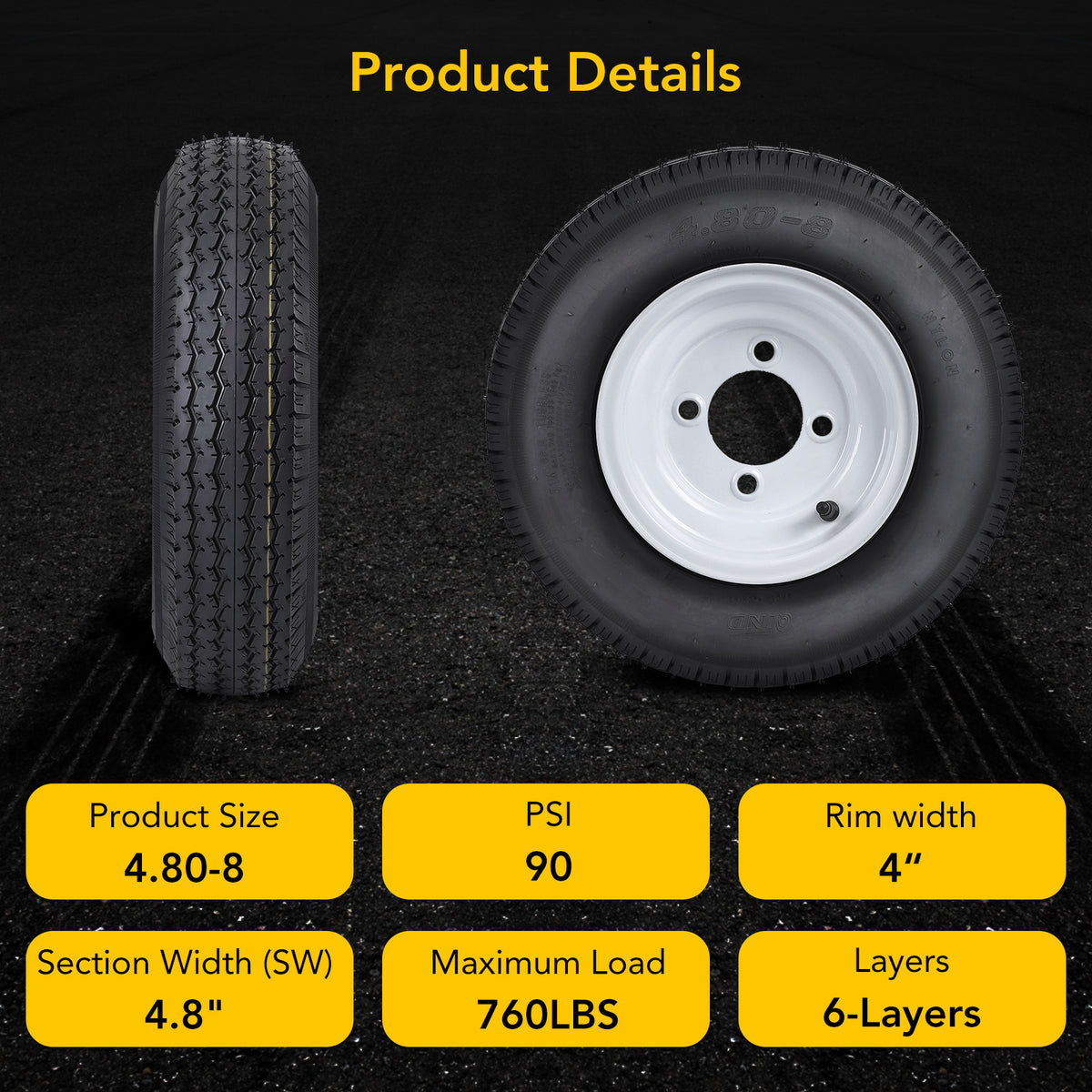 Riedhoff Trailer Tires Rims 4.80/4.00-8, 4 Lug Rims, Load Range C, 6 PR, 2 Pack, Black