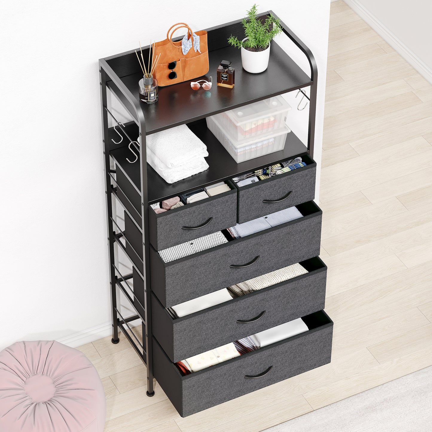 Garvee 5 Drawer Dresser for Bedroom, Wood Top, with Storage Organizer Fabric Bins