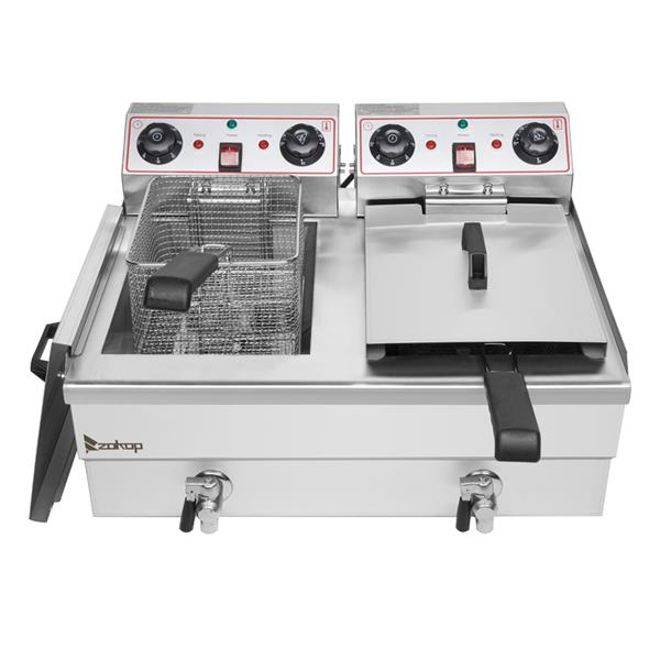 ZOKOP Double Tank Deep Fryer EH102V 16.9QT / 16L Stainless Steel Faucet
