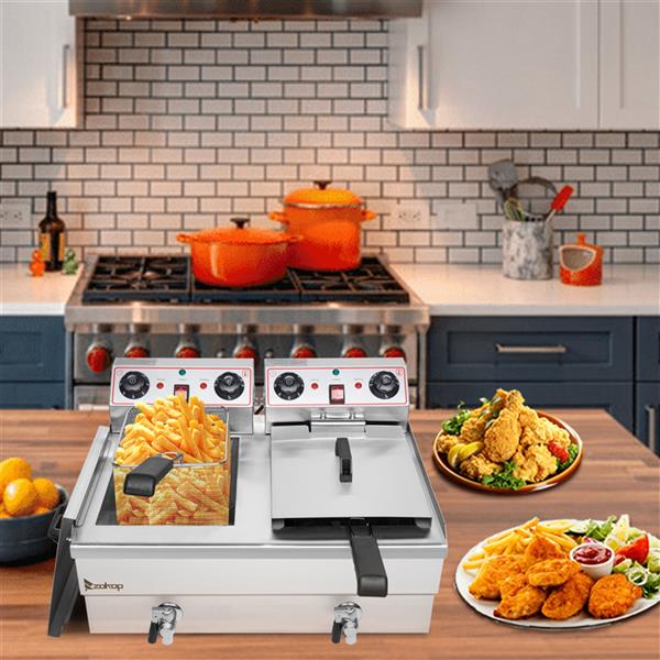 ZOKOP Double Tank Deep Fryer EH102V 16.9QT / 16L Stainless Steel Faucet