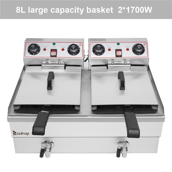 ZOKOP Double Tank Deep Fryer EH102V 16.9QT / 16L Stainless Steel Faucet