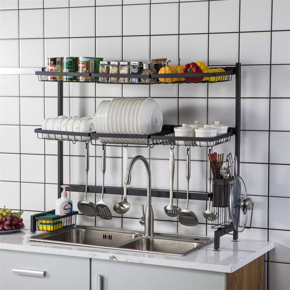 RONSHIN Double Layer Bowl Rack Shelf Dish Drainer 92cm Inner Length Kitchen Organizer Black