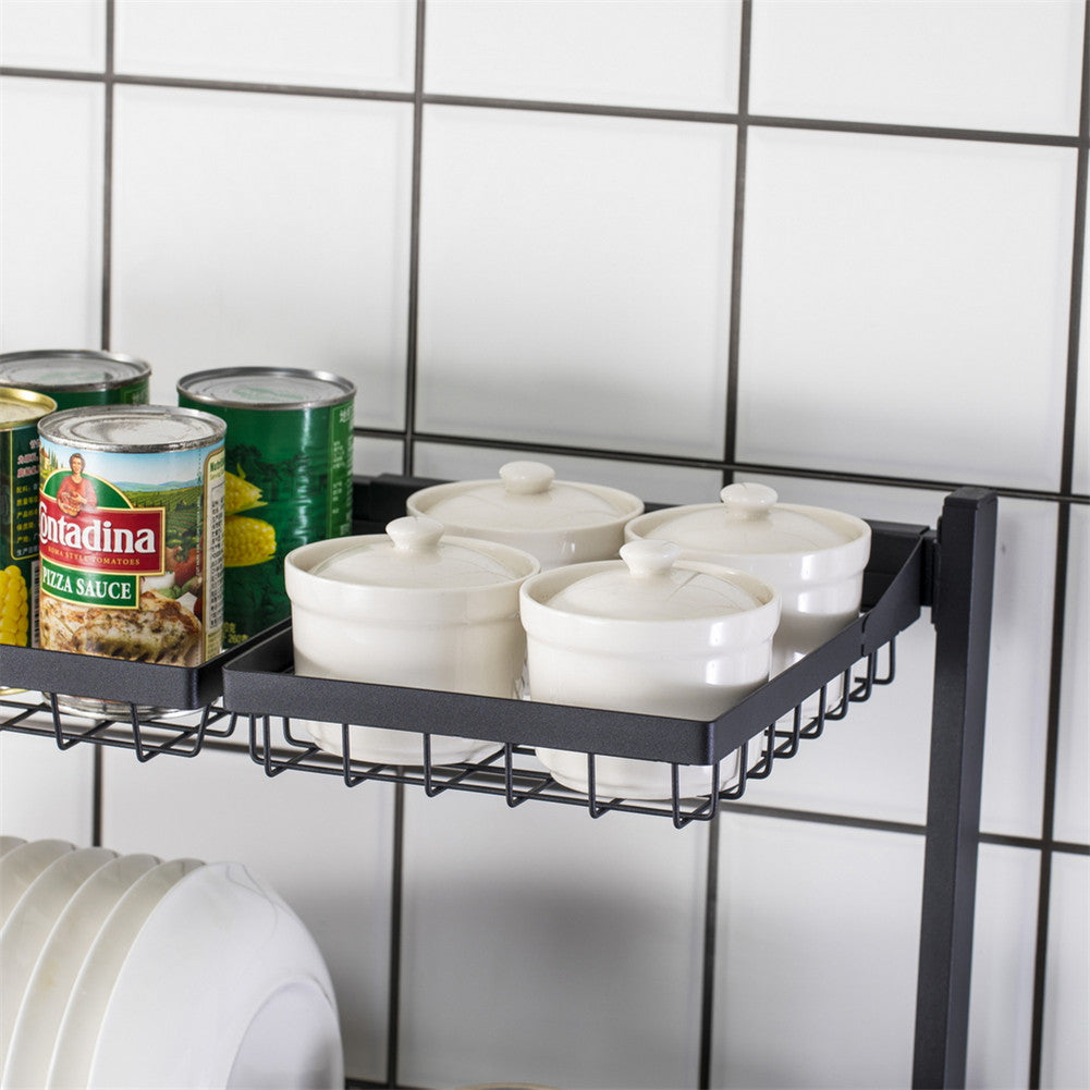 RONSHIN Double Layer Bowl Rack Shelf Dish Drainer 92cm Inner Length Kitchen Organizer Black