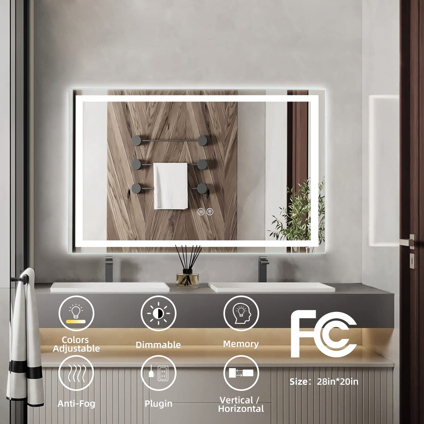 GARVEE LED Bathroom Mirror 20 x28 Large Dimmable Wall Mirrors with Front Backlight Anti Fog Shatter-Proof