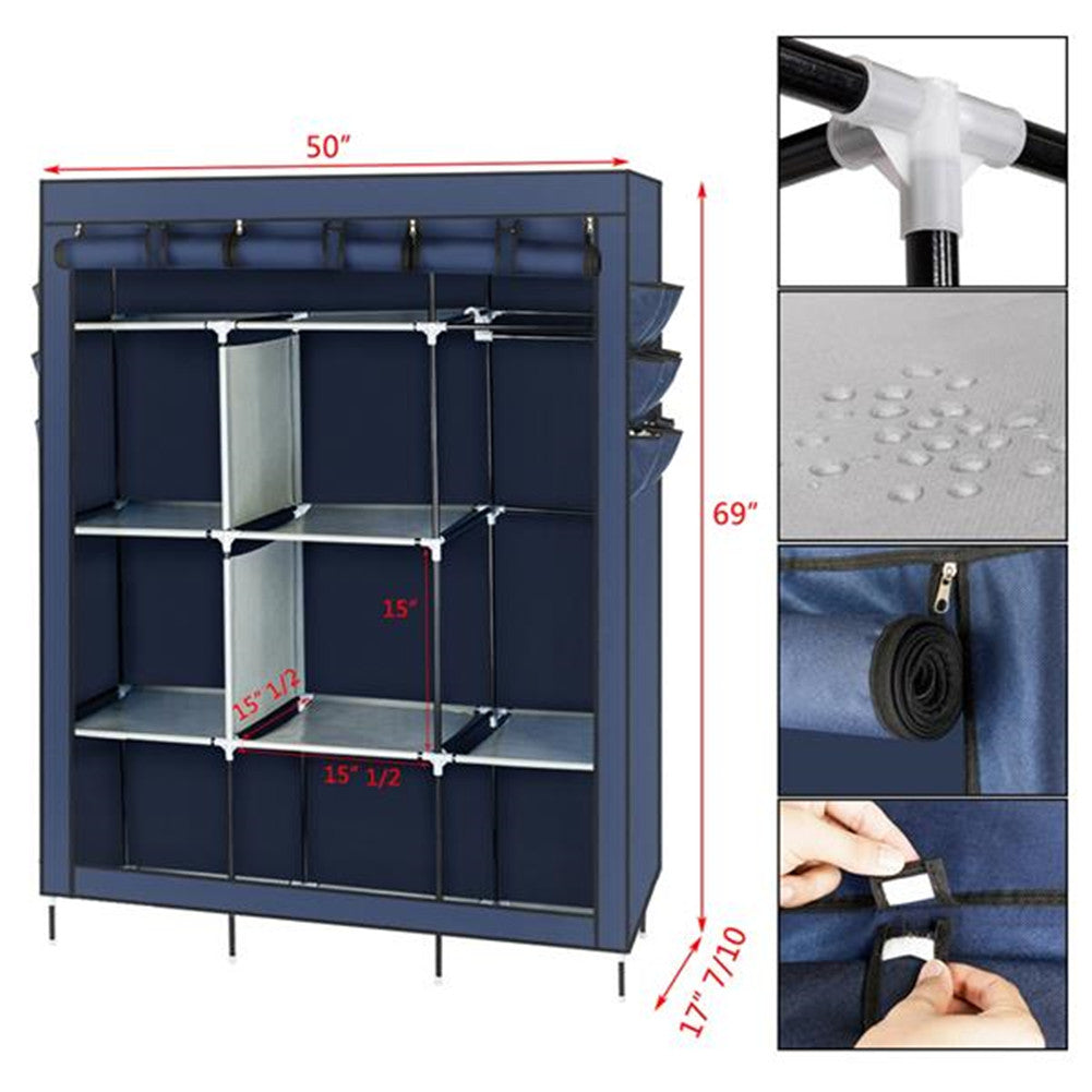 RONSHIN 69 inch Clothing Organizer Wardrobe Storage Closet Clothes Portable Wardrobe Navy Blue