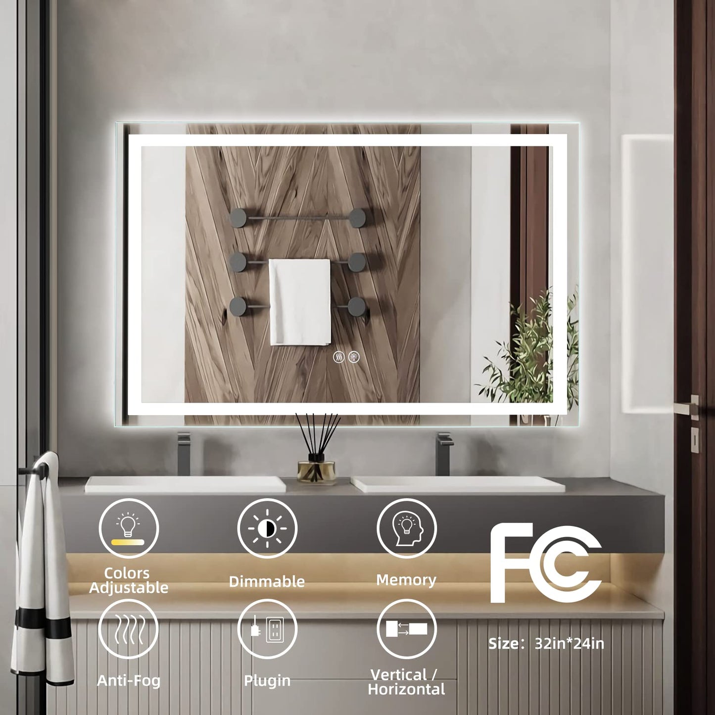 GARVEE LED Bathroom Mirror 24 x32 Large Dimmable Wall Mirrors Front Backlight Anti Fog Shatter-Proof