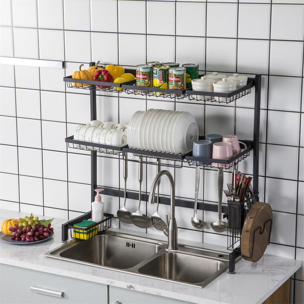 RONSHIN Double Layer Bowl Rack Shelf Dish Drainer 92cm Inner Length Kitchen Organizer Black
