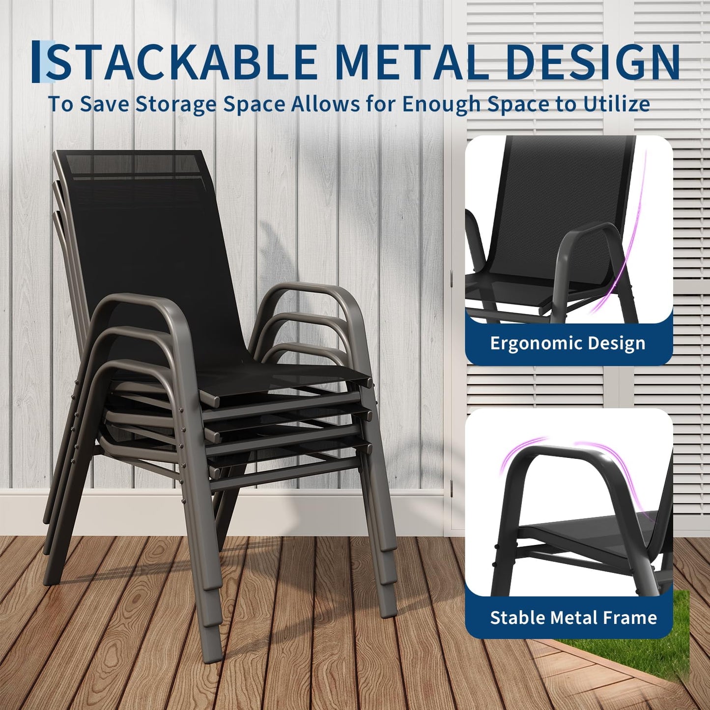 Garvee Stackable Patio Dining Chairs Set of 4, Metal and Textilene for Lawn Poolside