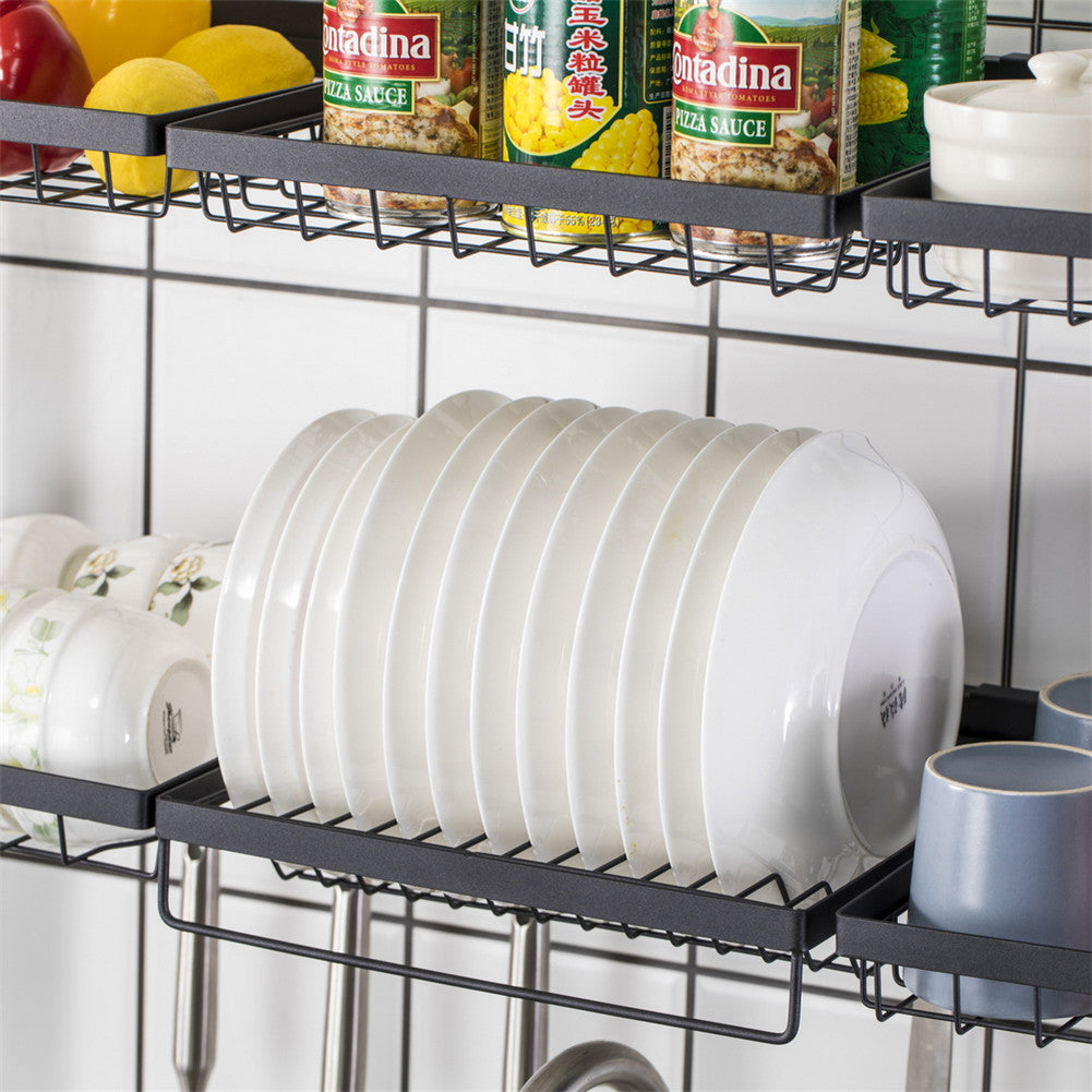 RONSHIN Double Layer Bowl Rack Shelf Dish Drainer 92cm Inner Length Kitchen Organizer Black