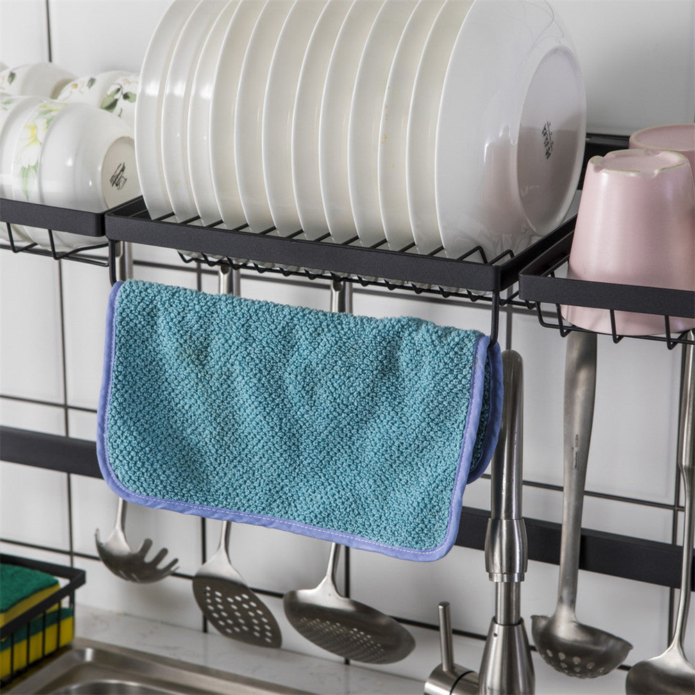 RONSHIN Double Layer Bowl Rack Shelf Dish Drainer 92cm Inner Length Kitchen Organizer Black