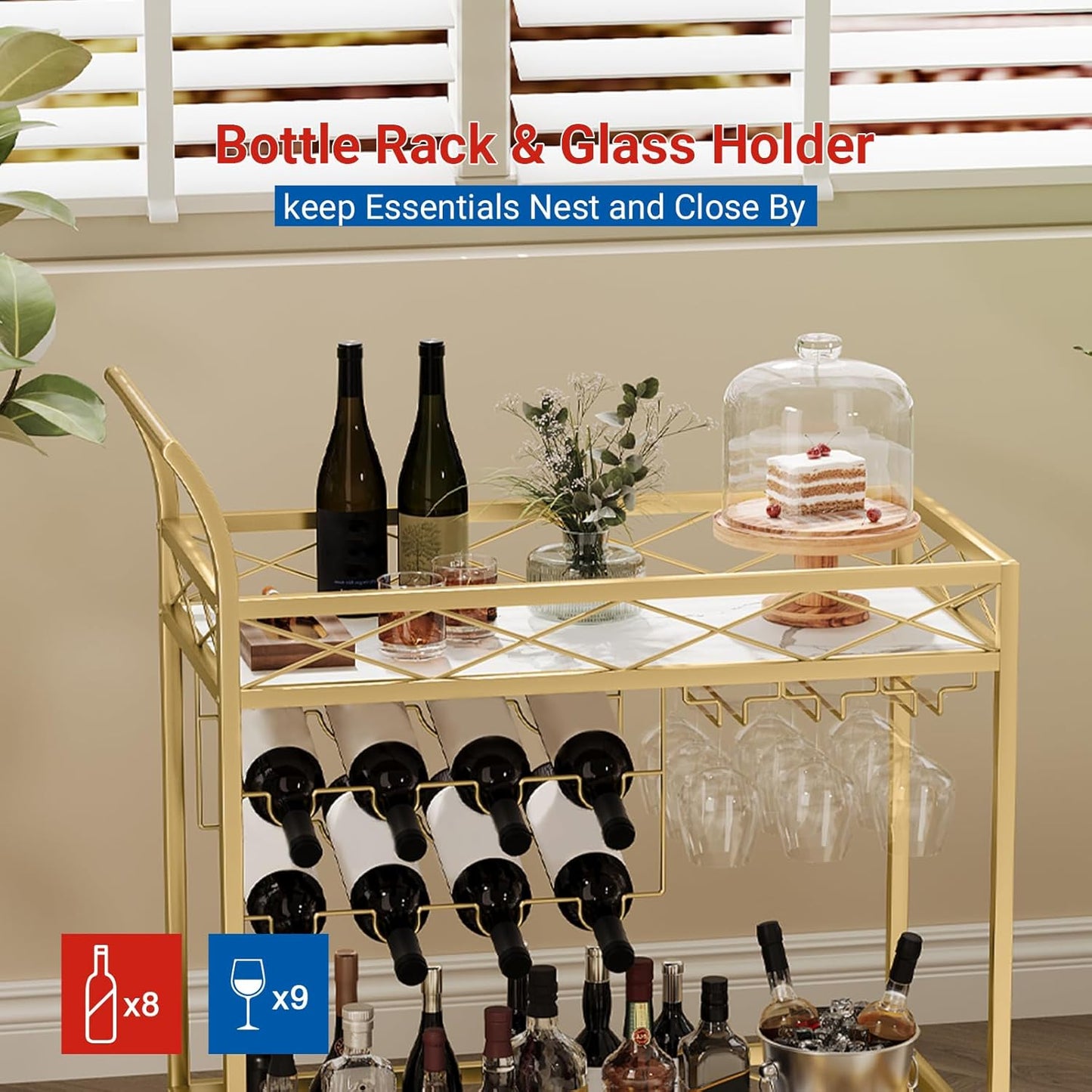 Garvee Bar Serving Cart, with 2-Tier Storage Shelves, Wine Rack, Glass Holder, Golden