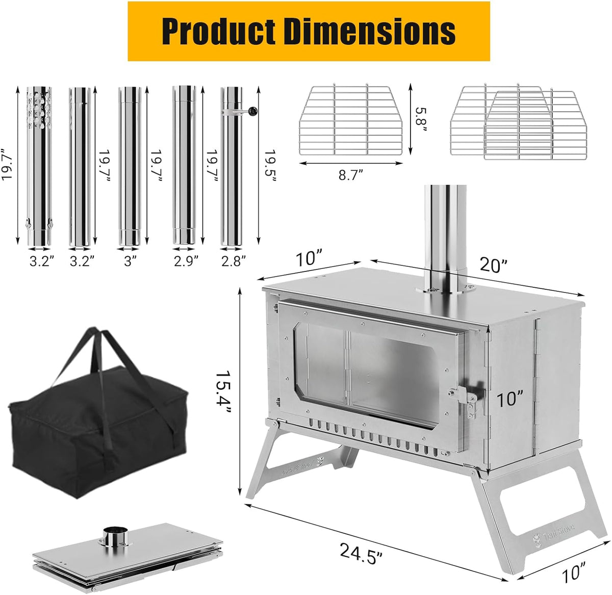 Riedhoff Wood Burning Hot Tent Stove, with Chimney and Grill, Camping Wood Stove, Silver