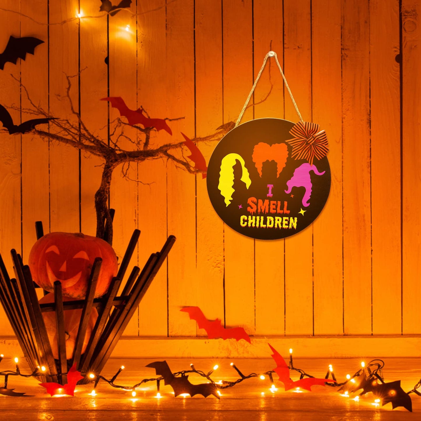 CYNDIE 12 inch Halloween Door Sign I Smell Children Wooden Black