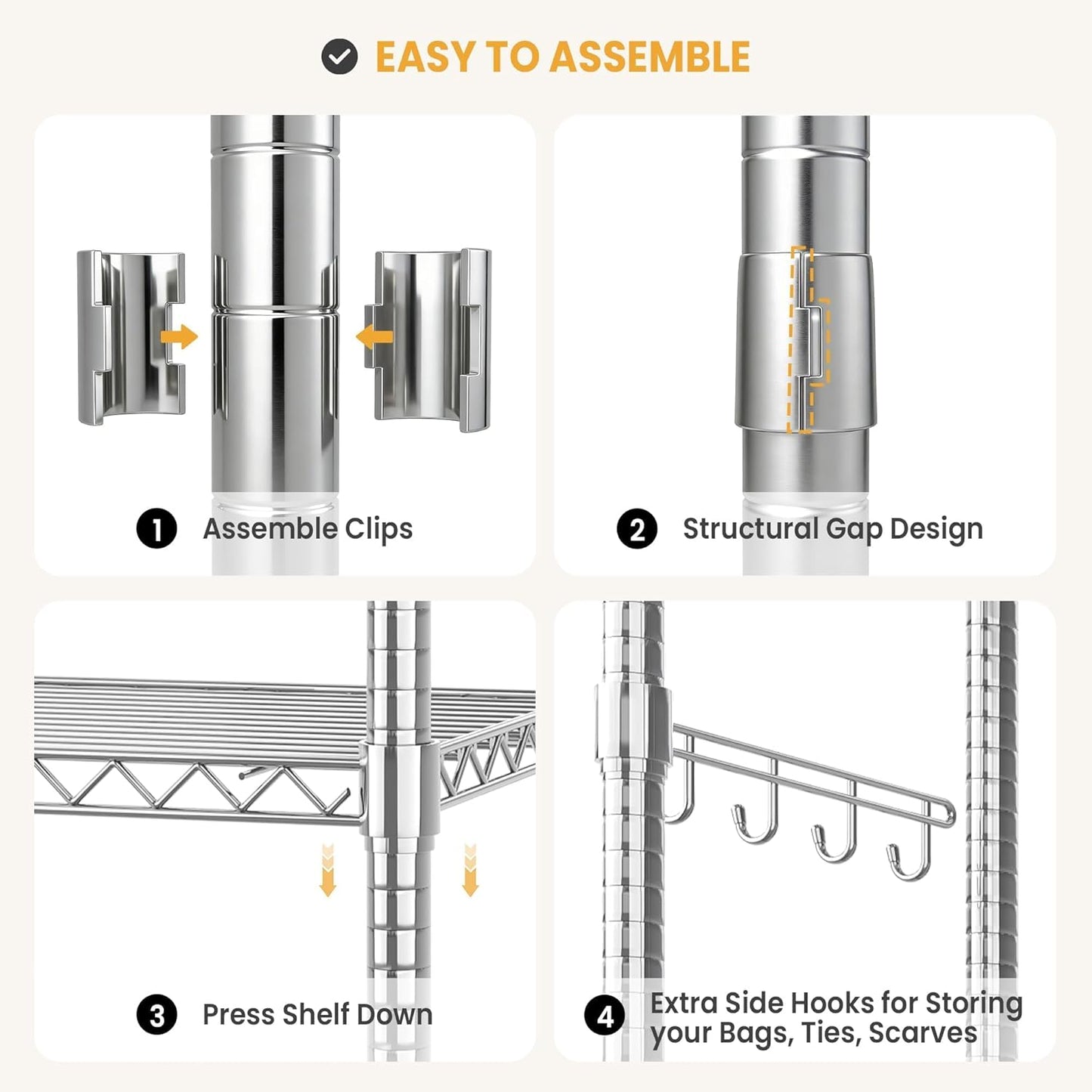 Garvee Rolling Clothes Rack, Adjustable Garment Rack, Wheels and Hooks, 45.2 x 15.8 x 75.7", Silver