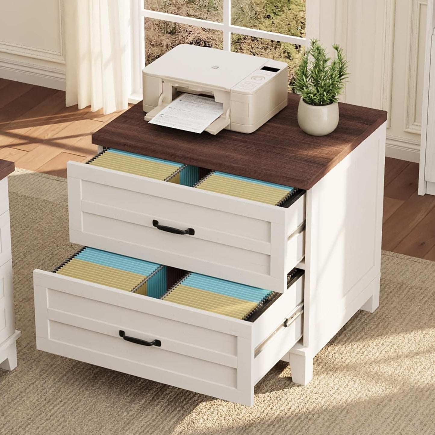 Garvee Lateral File Cabinet, 2 Drawers, Deepened Tabletop, 31.5 x 21.26 x 30", Brown & White