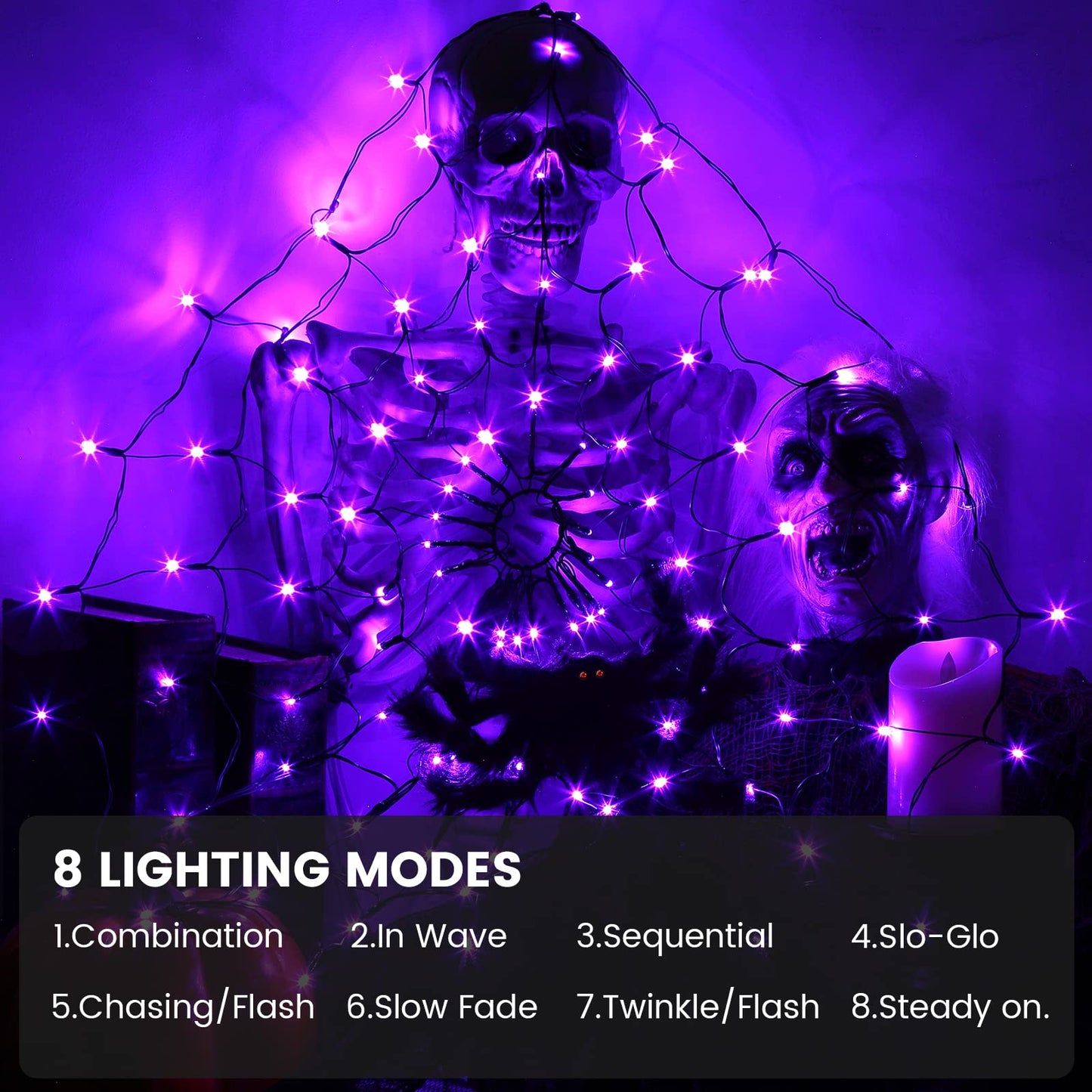 CYNDIE Halloween Purple Spider Web Lights Waterproof