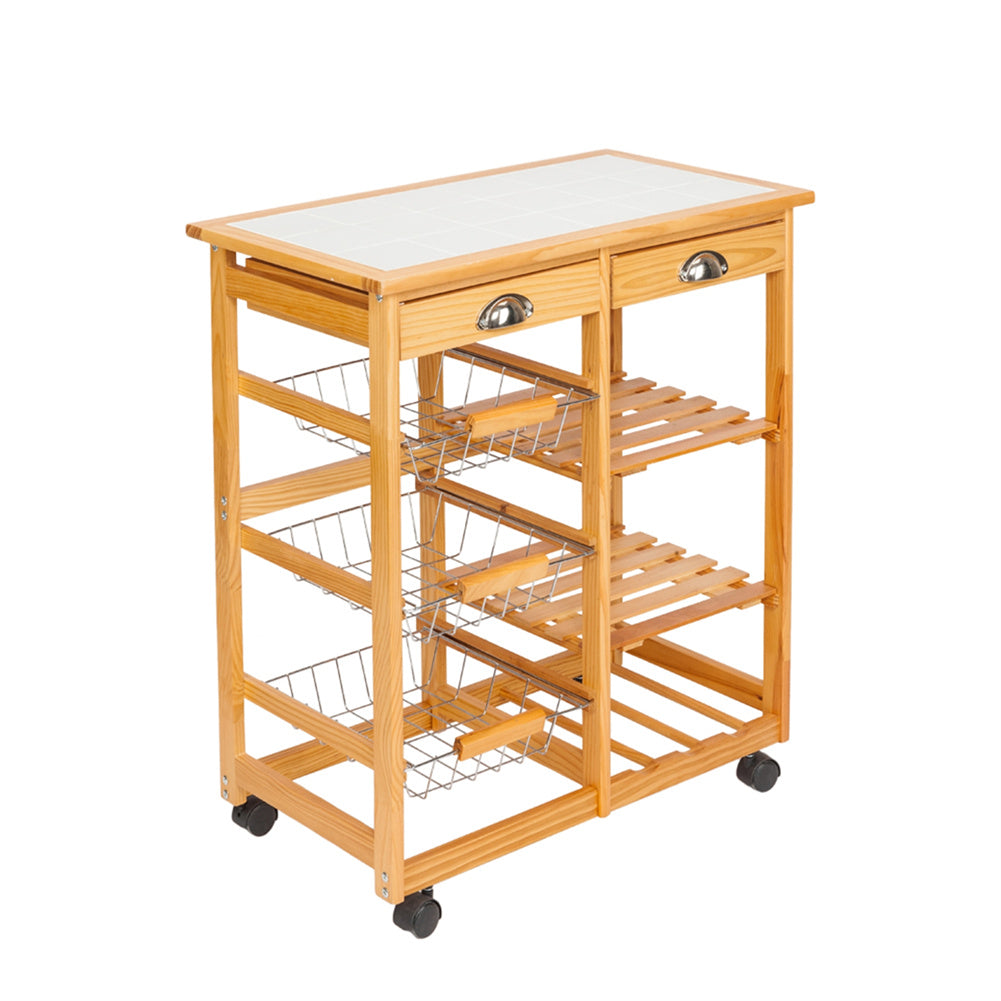 AMYOVE Wooden Dining Cart with 2-Drawer Removable Storage Rack Shelf