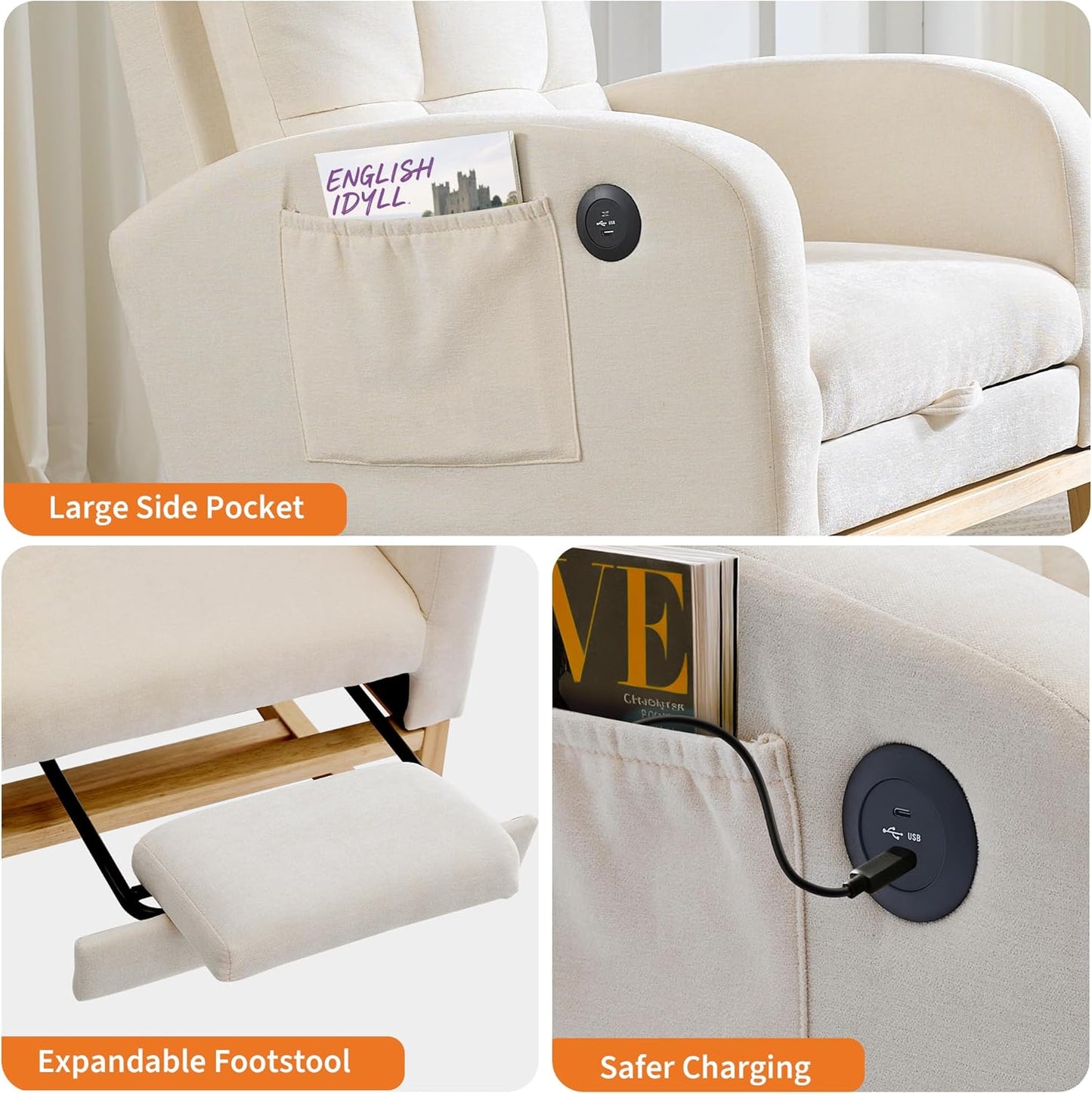 Garvee Nursery Rocking Chair 34.2 x 25.9 x 40.9", with USB Port & Footrest, High Back, Beige