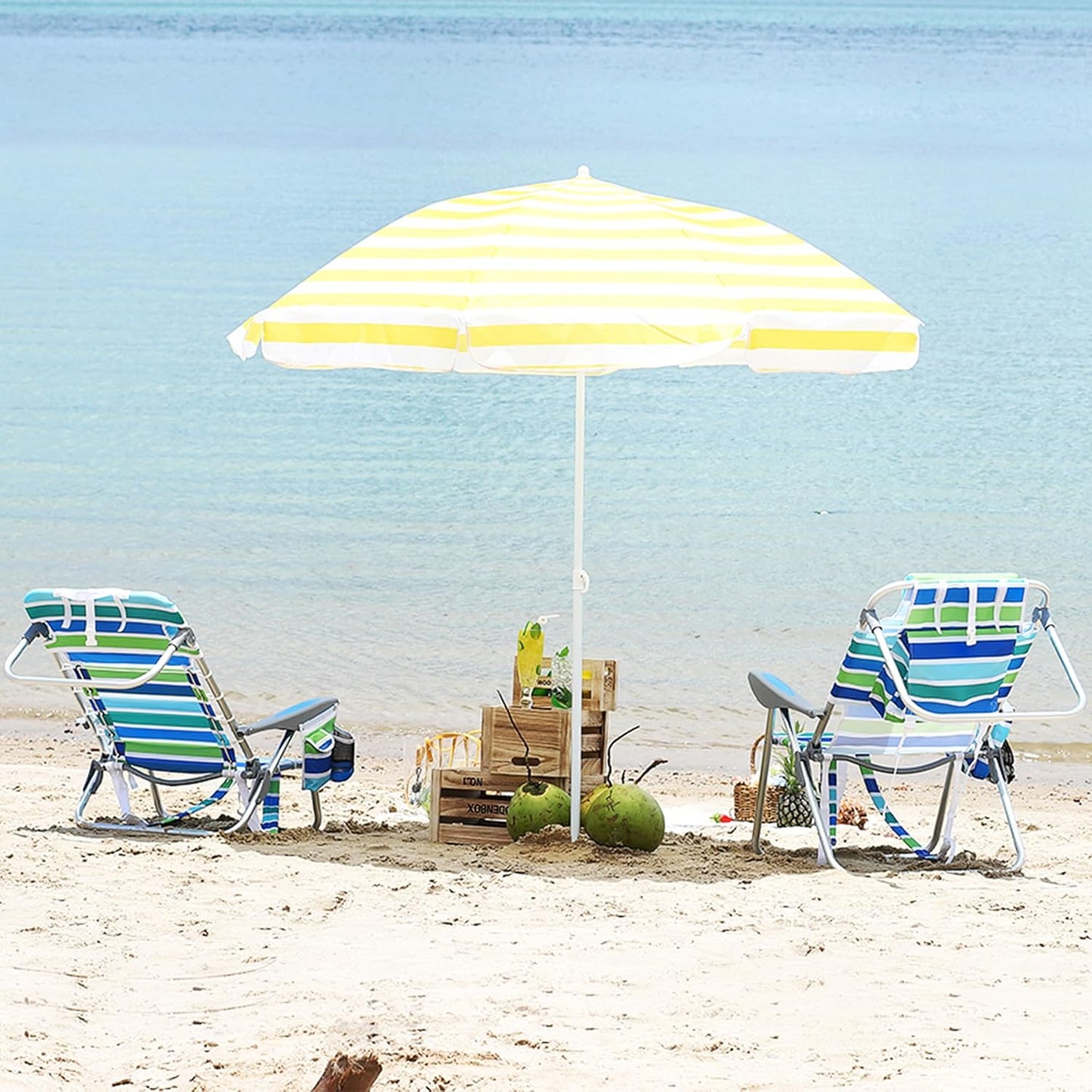 Garvee 2 Pack Portable Beach Chair with Adjustable Backrest & Cup Holders, Ocean Striped