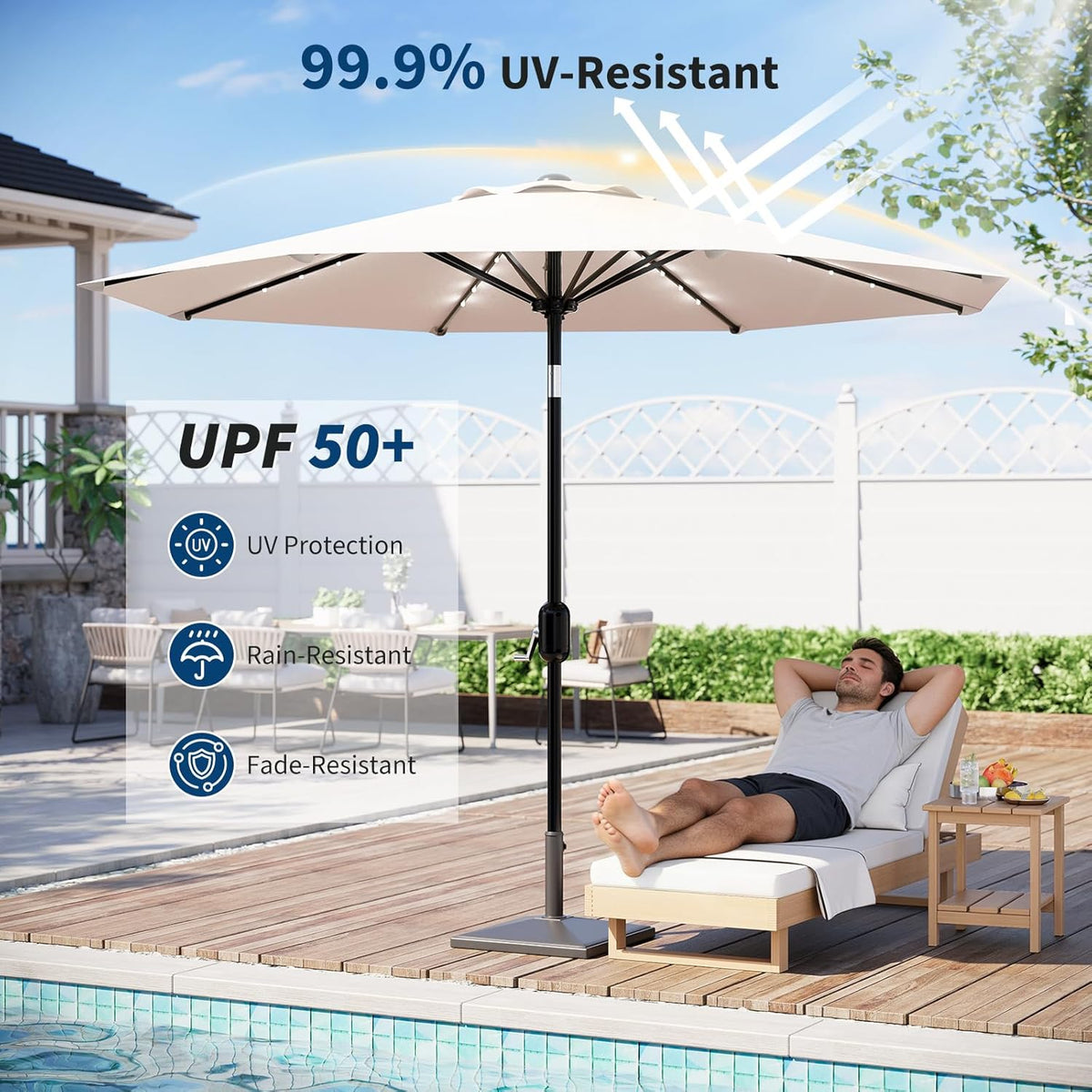 Riedhoff 9 feet Patio Umbrella with 32 LED Solar Lights, 8 Ribs, Tilt Crank
