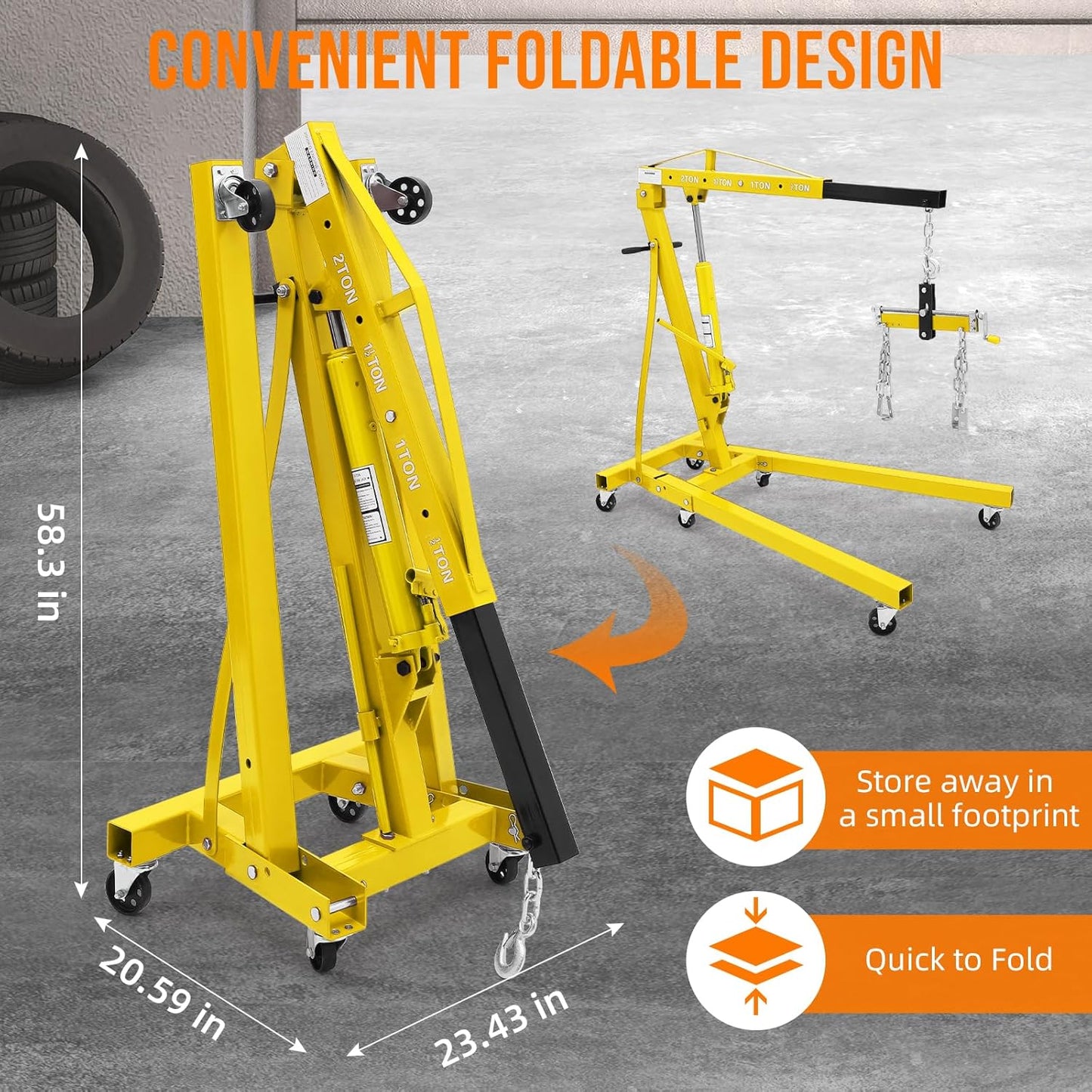 Garvee 2 Ton Folding Engine Hoist with Lever and 6 Casters, Heavy Duty, Yellow