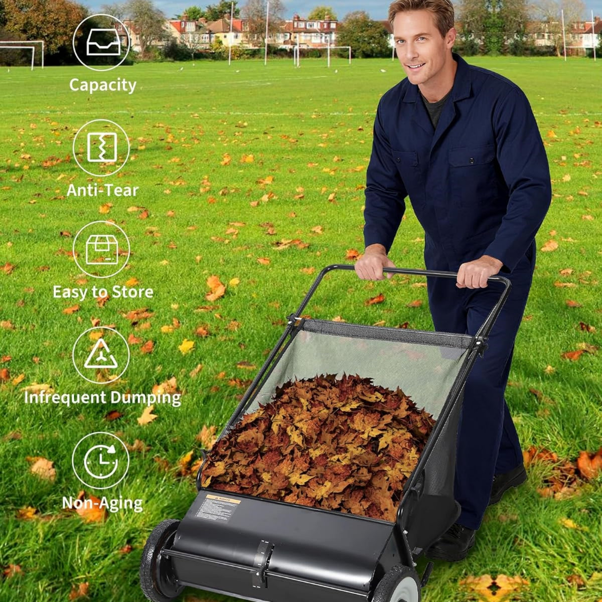Riedhoff 26" Push Lawn Sweeper,4 Spinning Brushes, 7 Cu. Ft Capacity Collection Bag, Adjustable Height