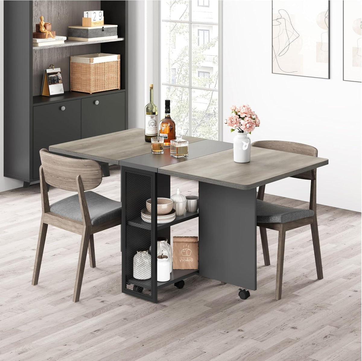 Garvee 47.2" Folding Dining Table, Folding and Expandable, 6 Wheels & 2 Storage Shelf