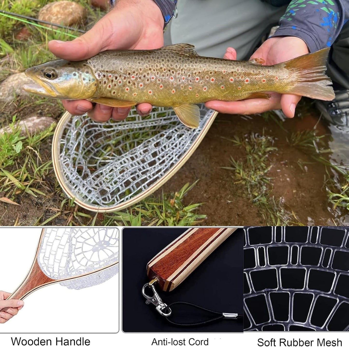Riedhoff Wooden Handle Fly Fishing Net, with Durable Clear Rubber Net, 24" x 11" x 10"