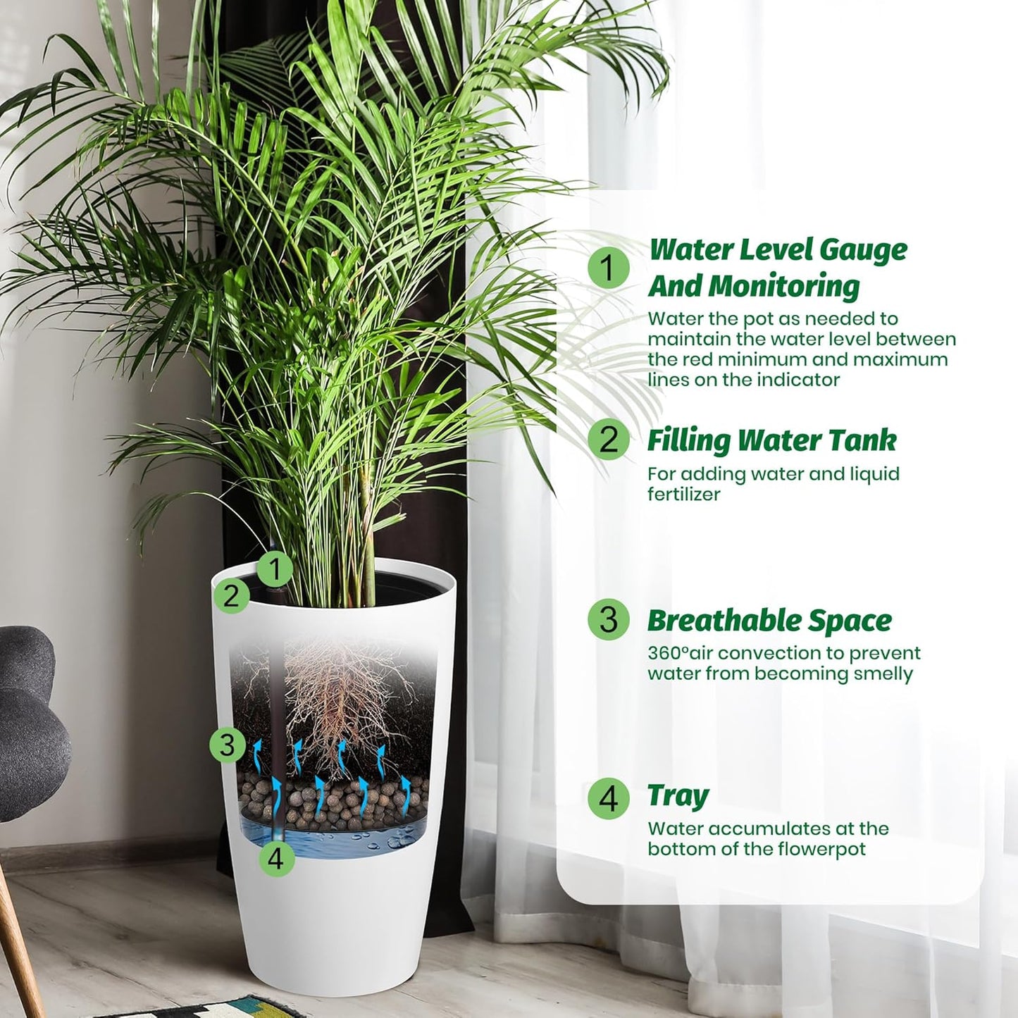 Riedhoff 21.5" Tall Round Planter Pots with Water Level Monitor, Self-Watering, 2 Count
