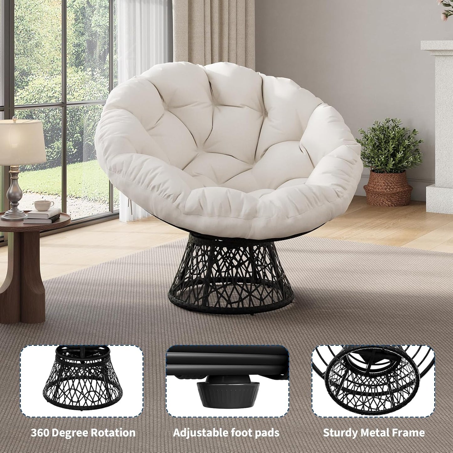 Riedhoff Wicker Papasan Chair 49 x 49 x 36", Extra-Thick Cushion, 360° Swivel Base