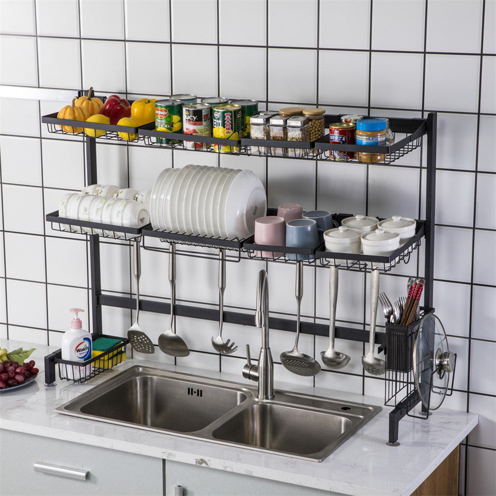 RONSHIN Double Layer Bowl Rack Shelf Dish Drainer 92cm Inner Length Kitchen Organizer Black