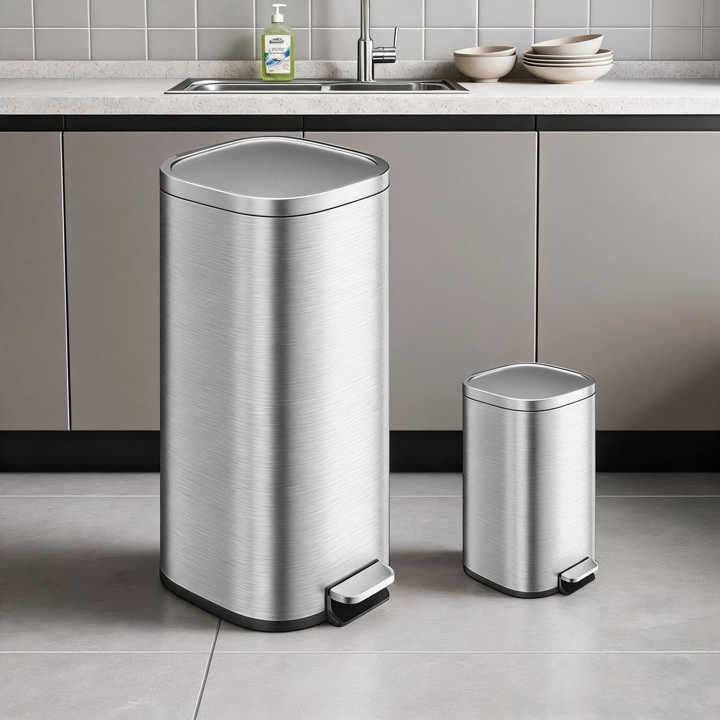 Garvee 8 Gallon and 1.6 Gallon Round Stainless Steel Step on Trash Can Combo Set for Kitchen, Silver
