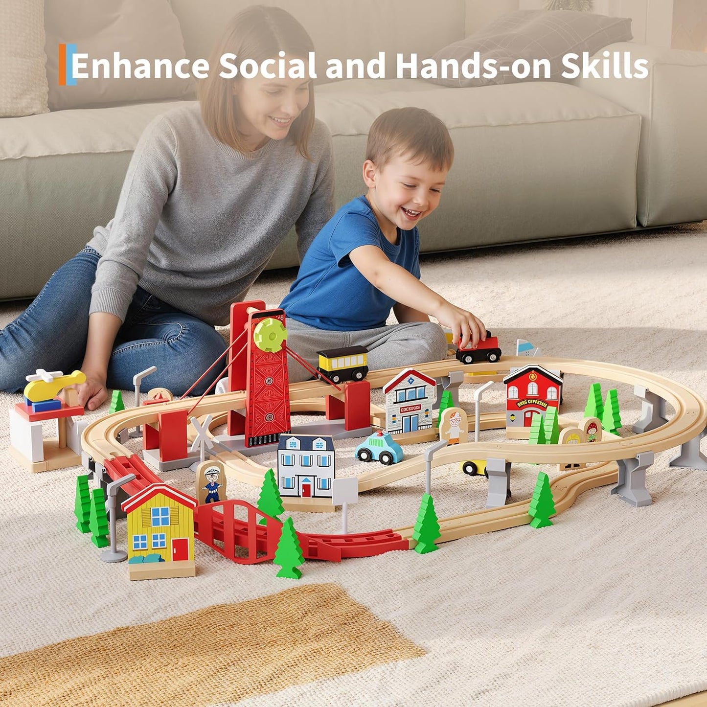 Garvee Wooden Train Table, 92 Piece Multicolor, 3 Storage Bins, 36.22 x 25.2 x 15.75"