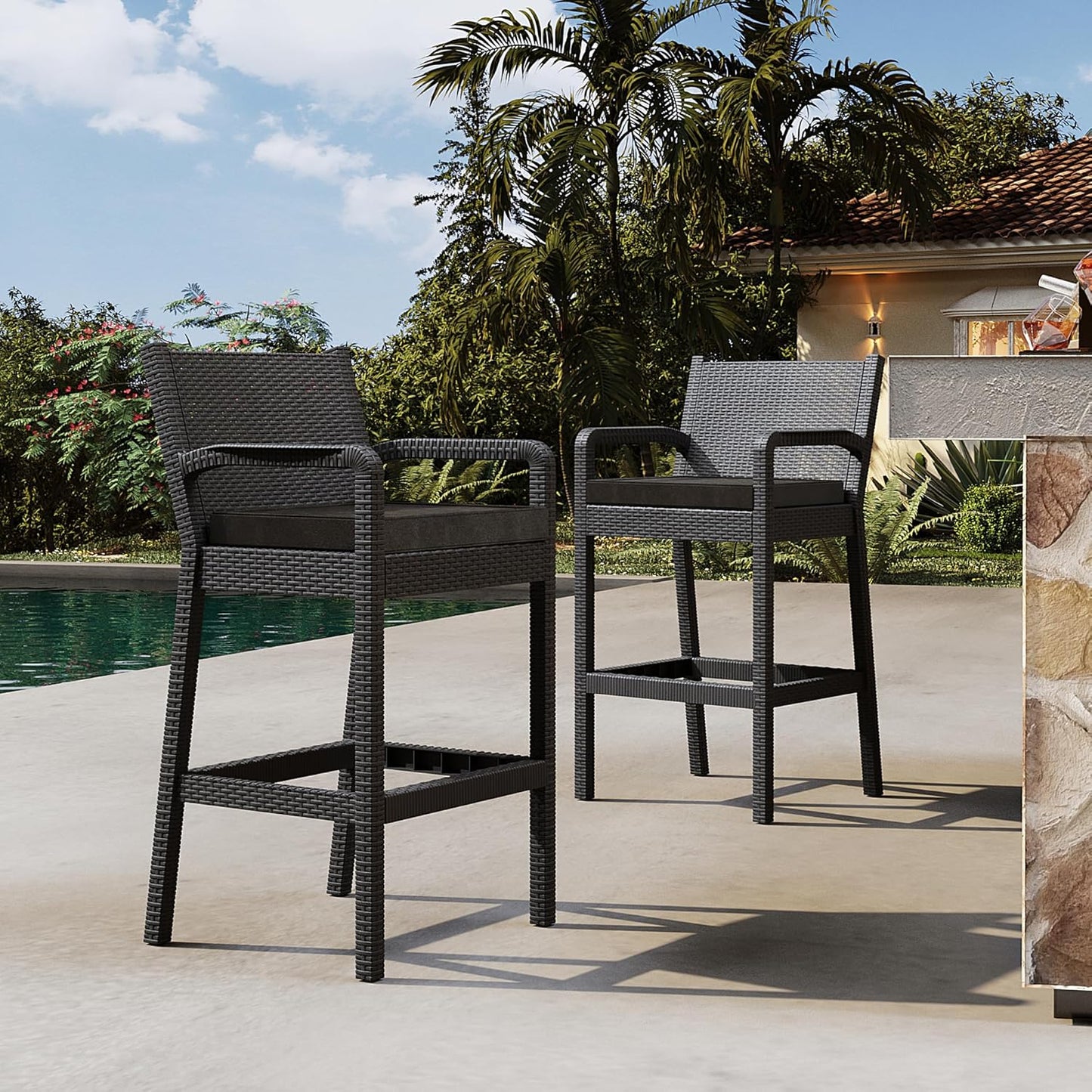Garvee Patio Bar Stools Wicker Barstools, Set of 2, with Footrest & Armrest, 24.7 x 17.24 x 44.5"