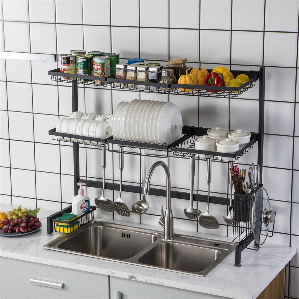 RONSHIN Double Layer Bowl Rack Shelf Dish Drainer 92cm Inner Length Kitchen Organizer Black