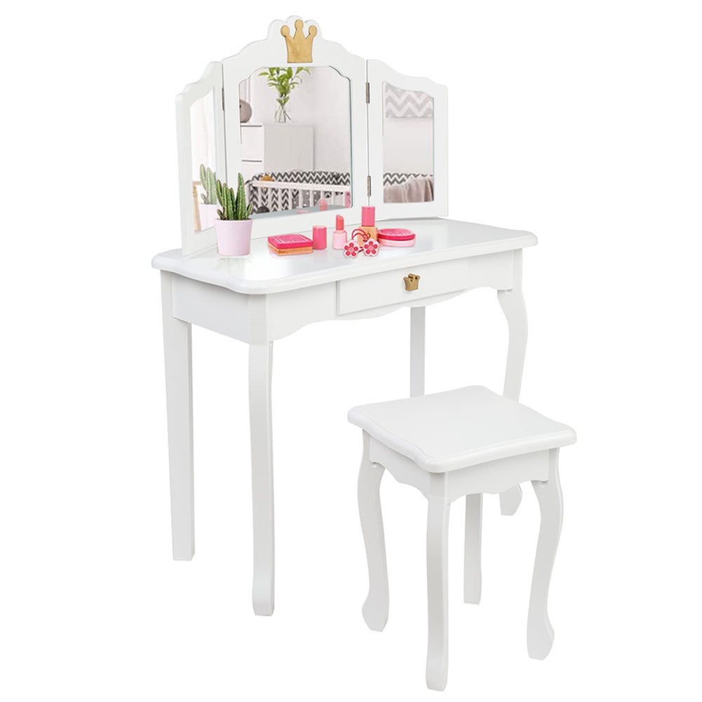 AMYOVE Children Dressing Table 3-sided Foldable Mirror Dressing Table + Chair White