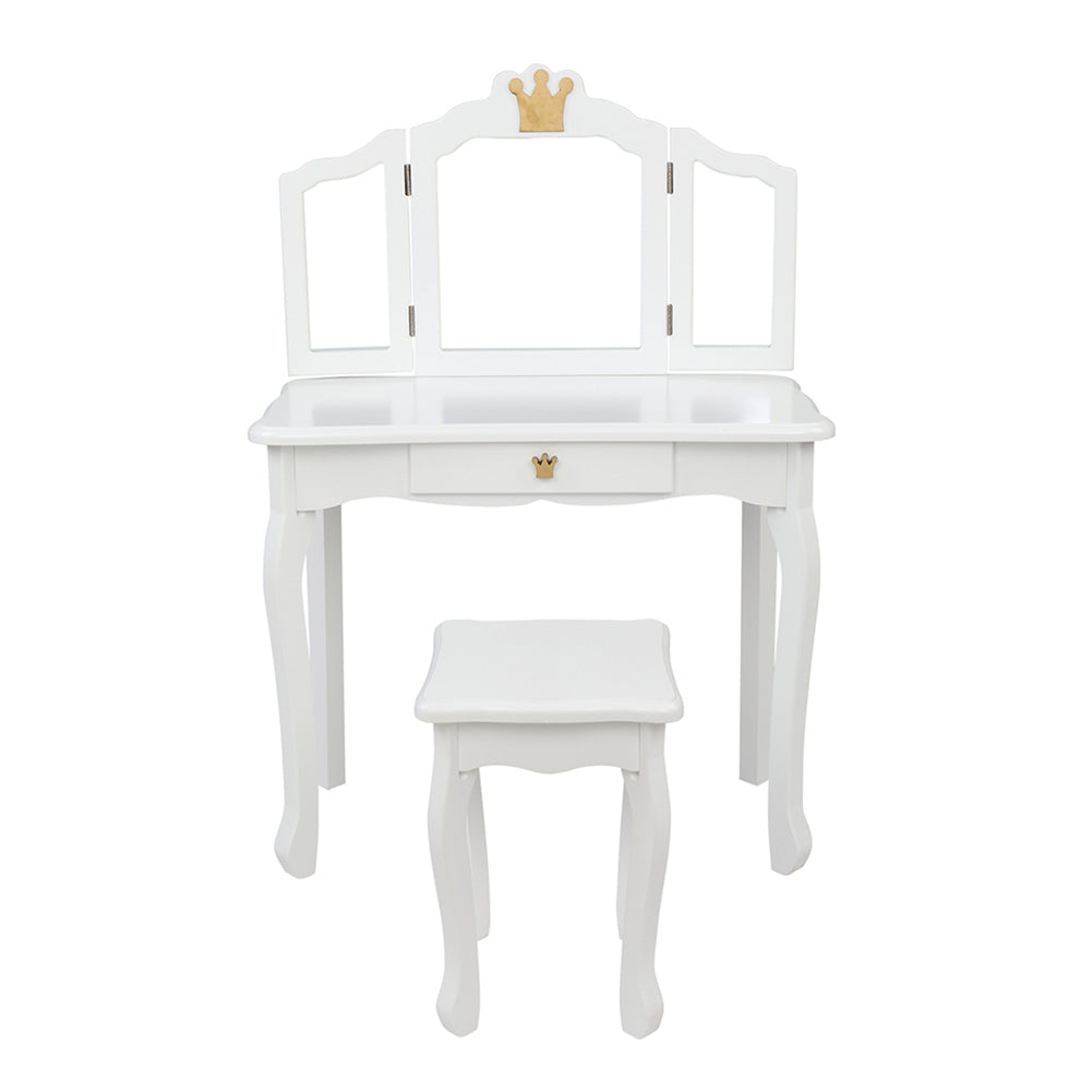 AMYOVE Children Dressing Table 3-sided Foldable Mirror Dressing Table + Chair White