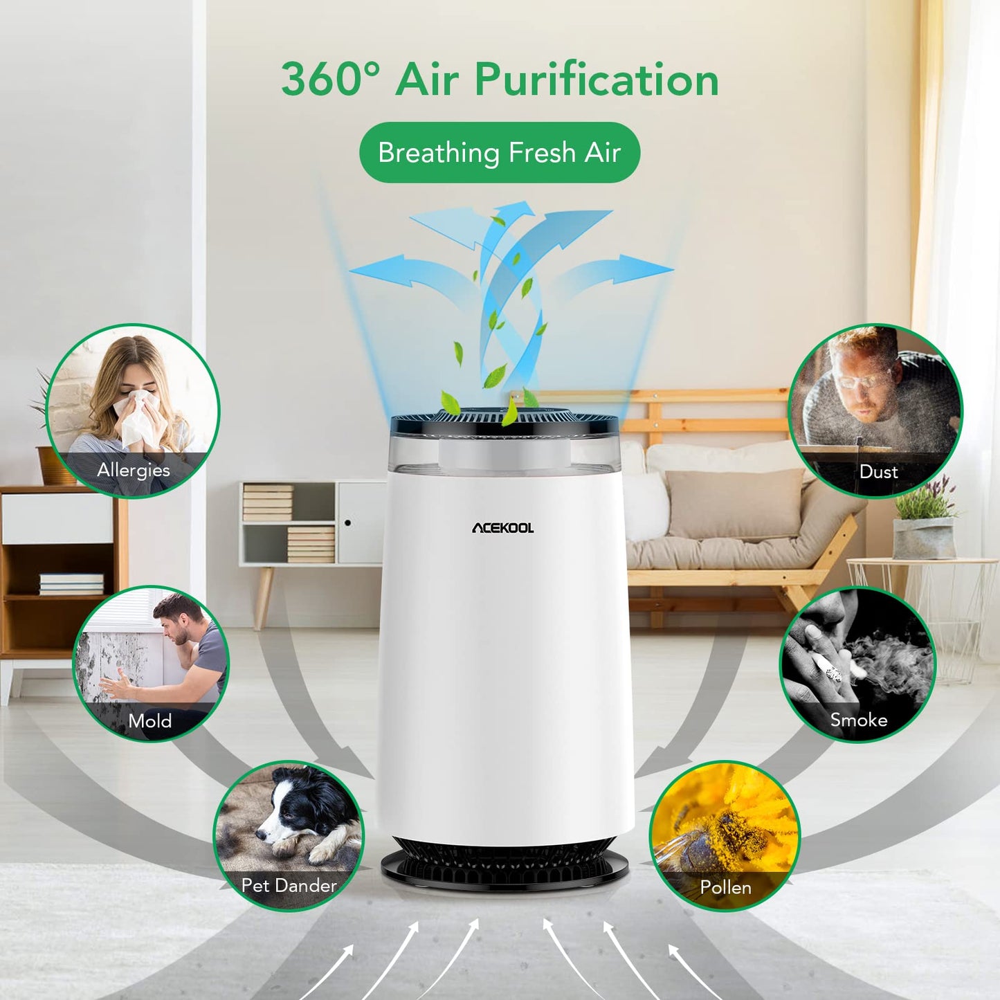 ACEKOOL Air Purifier AD4 with Night Light for Home Large Room EU Plug