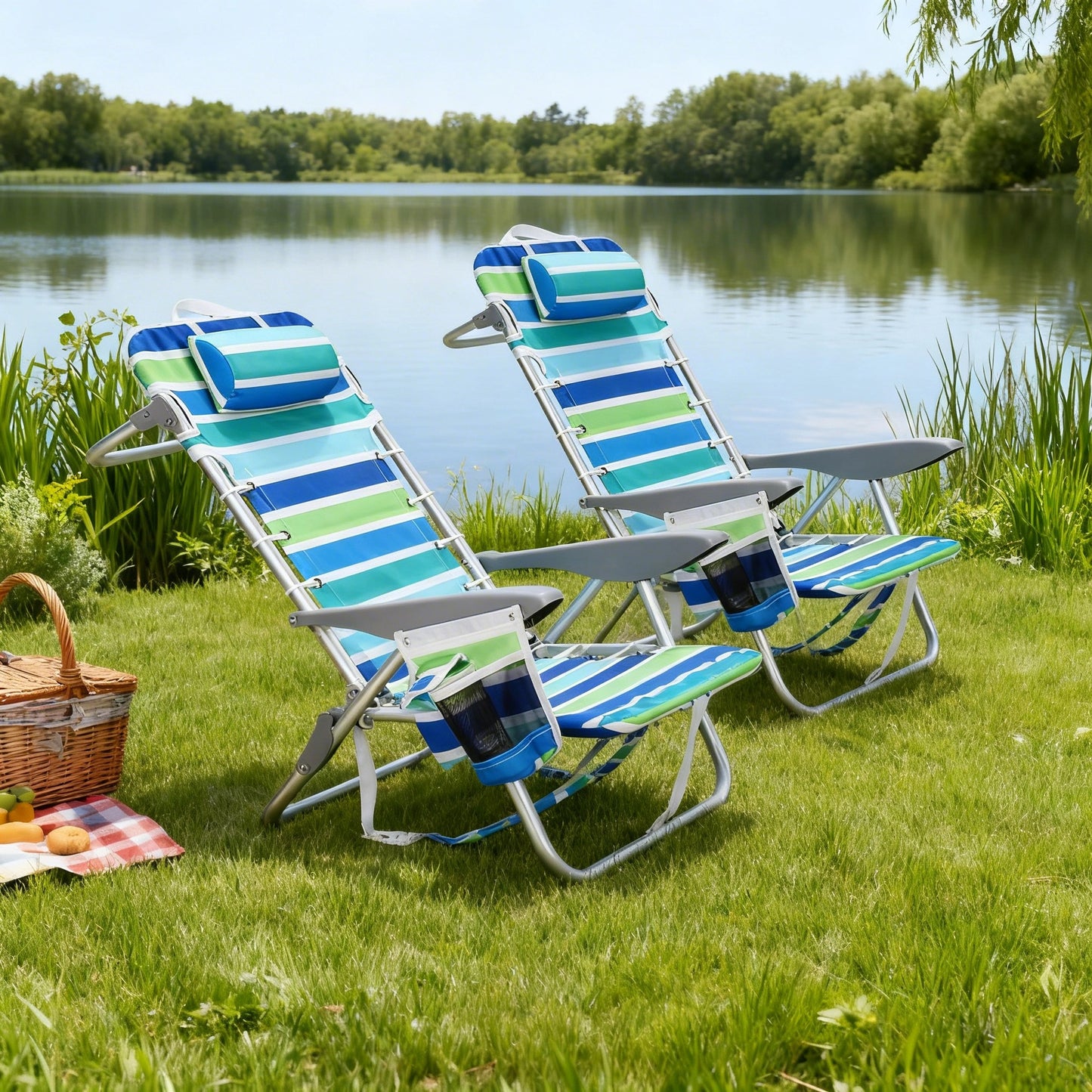 Riedhoff Folding Beach Chair 27 x 24 x 30", with Backpack Straps, Set of 2, Ocean Striped, Drawstring Style
