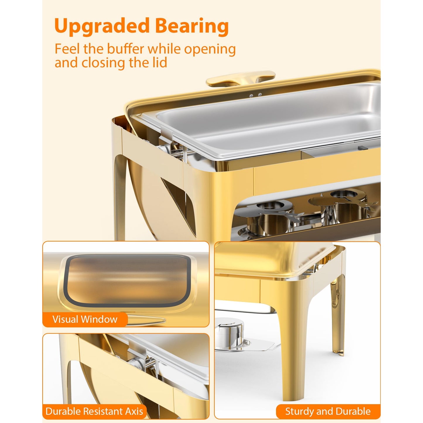 GARVEE Roll Top Chafing Dish Buffet Set, 9 QT Rectangular Catering Food Warmer, Golden