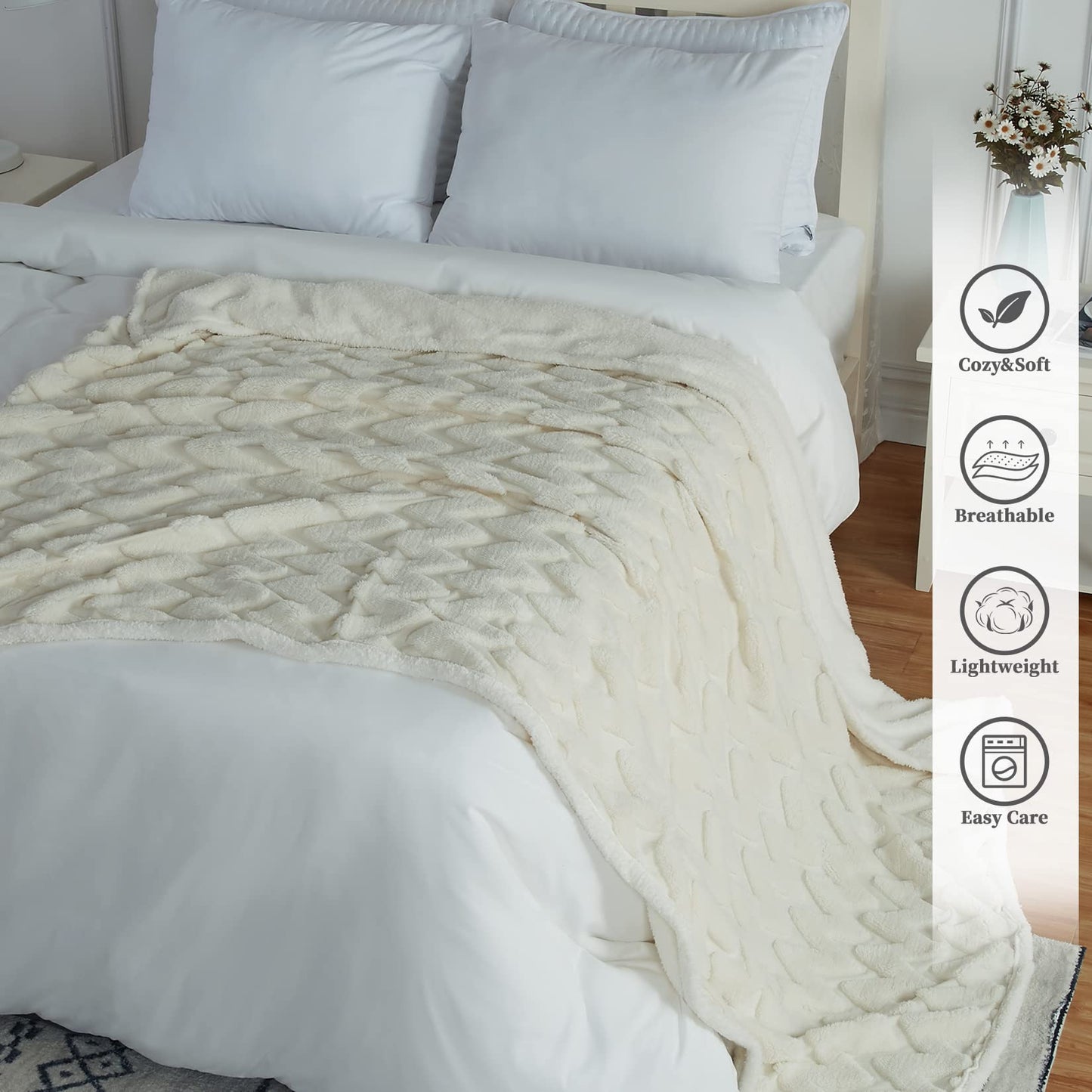 CAROMIO Sherpa Fleece Soft Plush Jacquard Fluffy Throw Blanket Creamy White 60 inch x 80 inch
