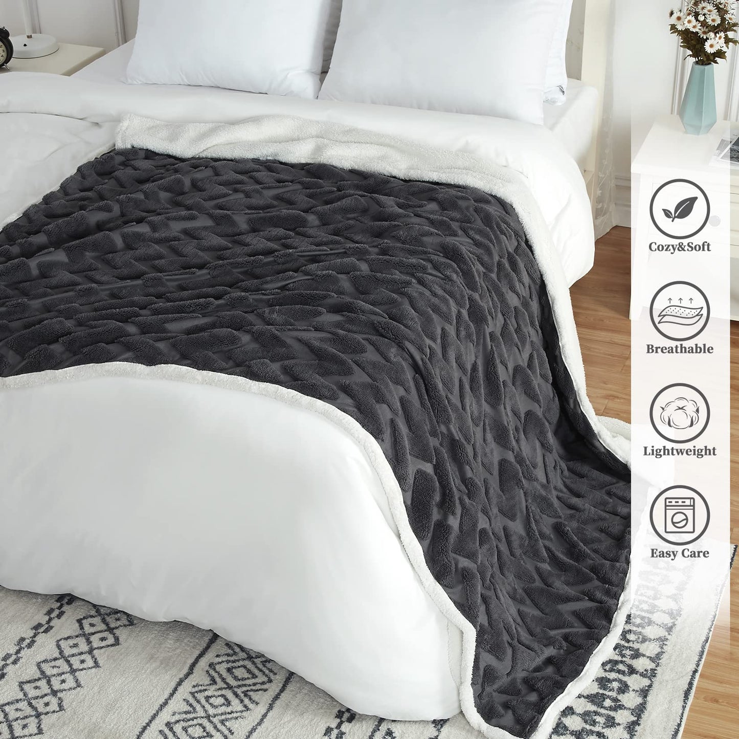 CAROMIO Sherpa Fleece Soft Plush Jacquard Fluffy Throw Blanket Grey 50 inch  x 60 inch