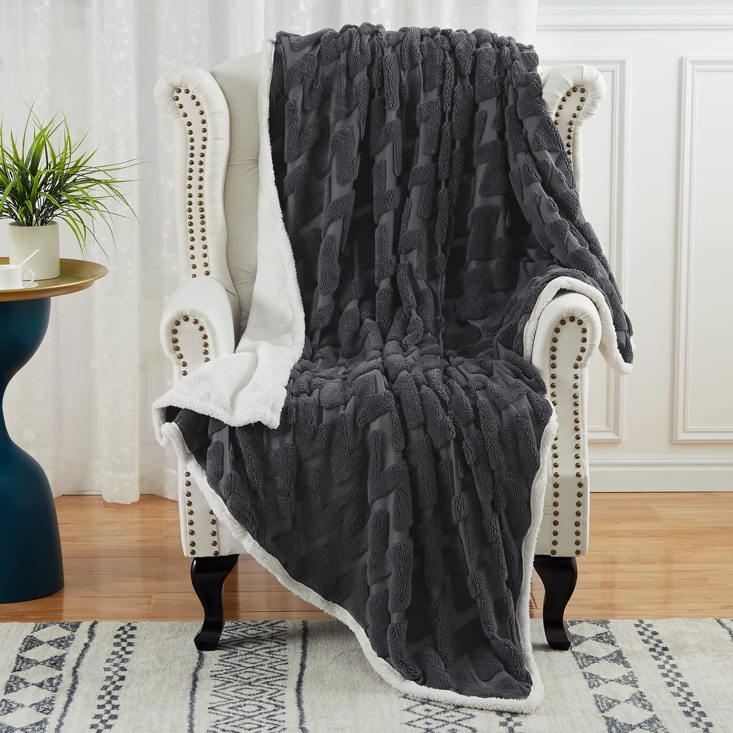 CAROMIO Sherpa Fleece Soft Plush Jacquard Fluffy Throw Blanket Grey 50 inch  x 60 inch