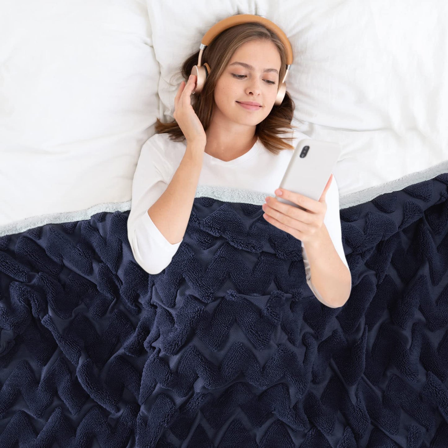CAROMIO Sherpa Fleece Soft Plush Jacquard Fluffy Throw Blanket Navy Blue 50 inch x 60 inch