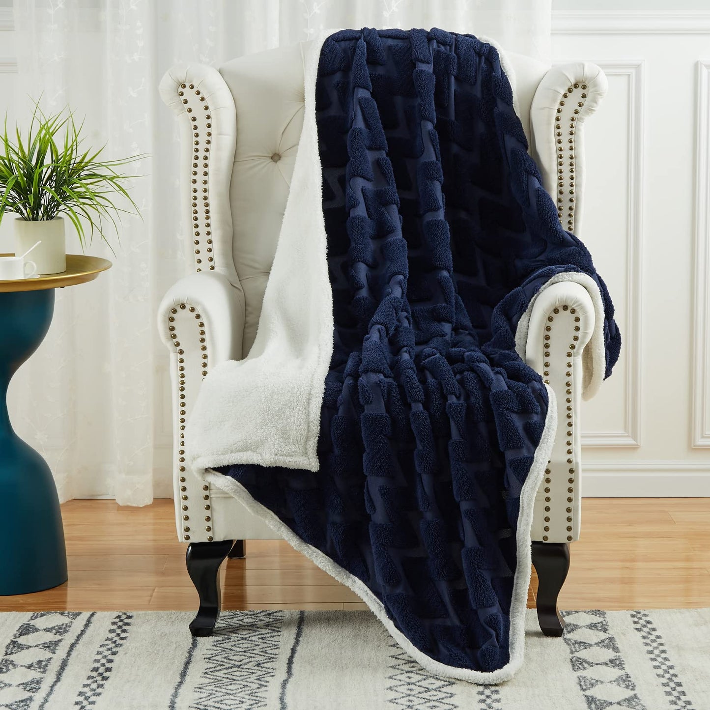 CAROMIO Sherpa Fleece Soft Plush Jacquard Fluffy Throw Blanket Navy Blue 50 inch x 60 inch