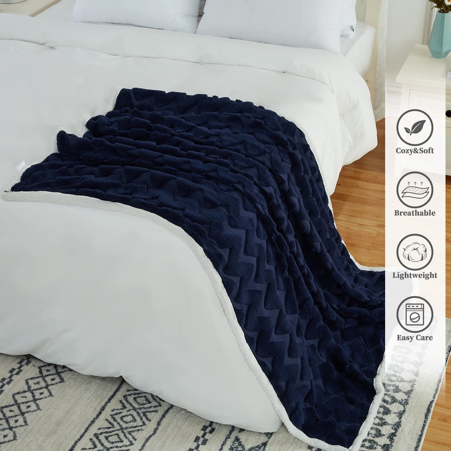 CAROMIO Sherpa Fleece Soft Plush Jacquard Fluffy Throw Blanket Navy Blue 50 inch x 60 inch