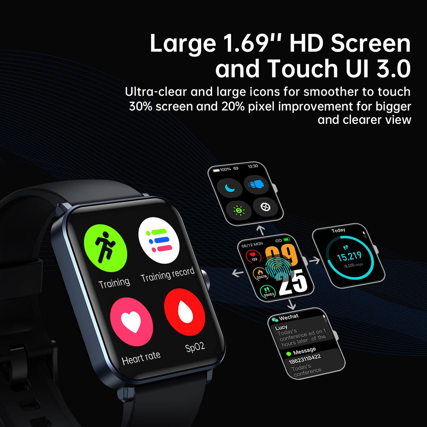 EUKER Smart Watch 1.69 inch Full Touch Screen Fitness Tracker Black